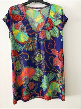Trina Turk Navy Floral V-Neck Tunic with Bright Multicolor Print